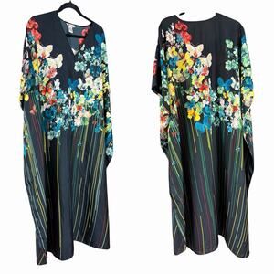 Winlar Floral Kaftan Dress One Size Butterfly Boho Maxi Caftan Black V Neck